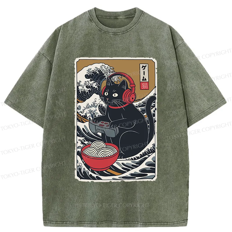 Tokyo-Tiger Cat Playing Video Games Washed T-Shirt