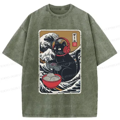 Tokyo-Tiger Cat Playing Video Games Washed T-Shirt