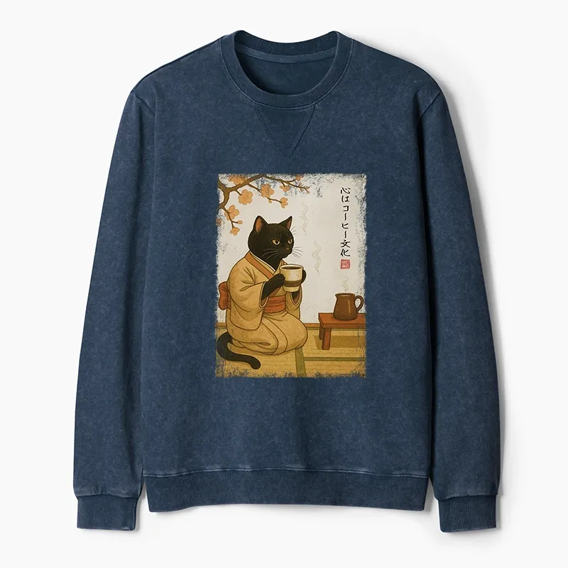 Tokyo-Tiger Cat Heart Full Of Coffee Washed Terry Sweatshirt