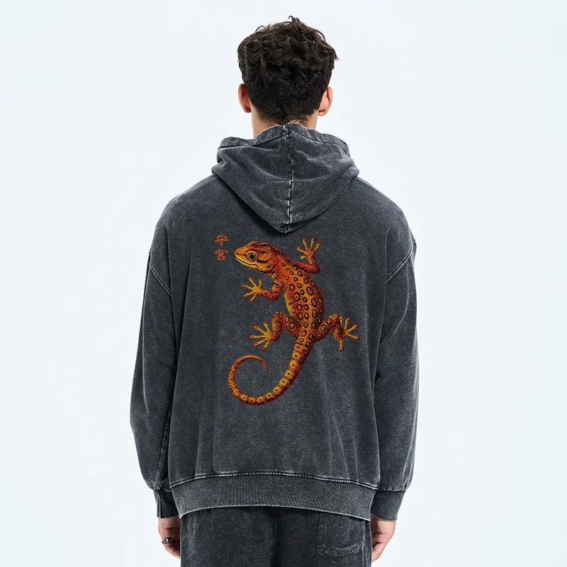Tokyo-Tiger Retro Gecko Funny Washed Zip Hoodie