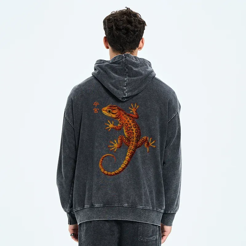 Tokyo-Tiger Retro Gecko Funny Washed Zip Hoodie