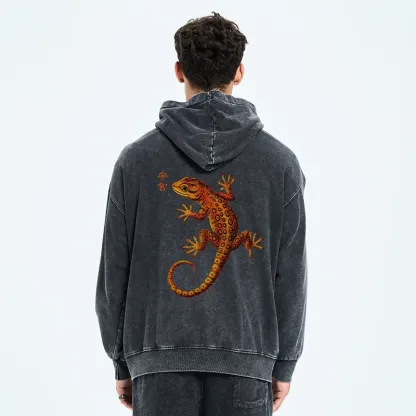 Tokyo-Tiger Retro Gecko Funny Washed Zip Hoodie