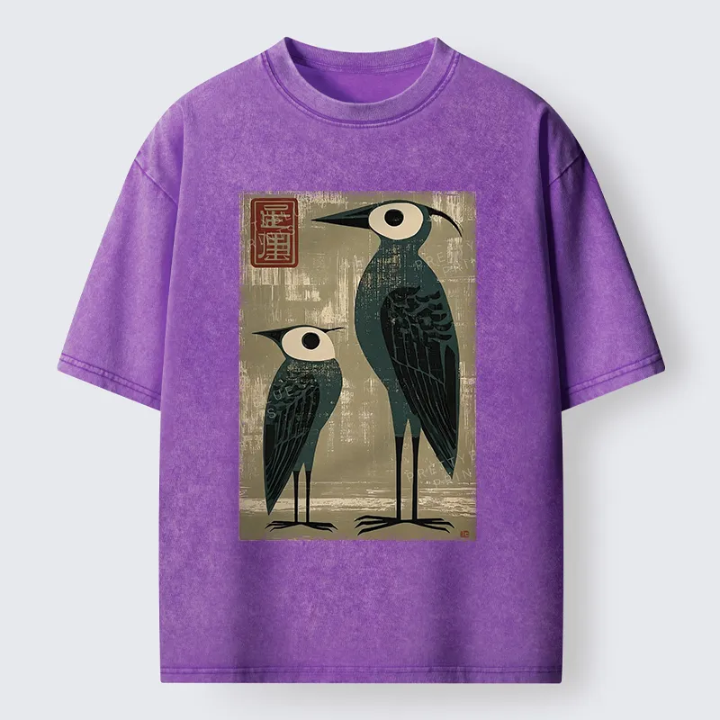 Tokyo-Tiger Retro Two Birds Art Washed T-Shirt