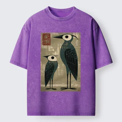 Tokyo-Tiger Retro Two Birds Art Washed T-Shirt
