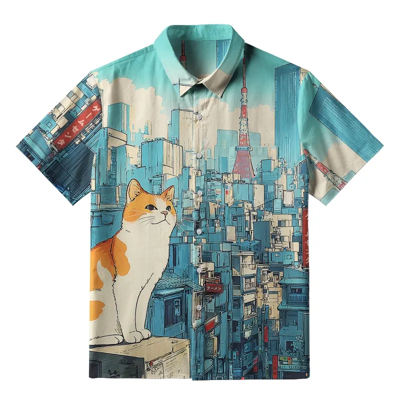 Tokyo-Tiger Cat On The City Building Button-up Shirt