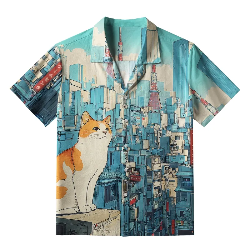 Tokyo-Tiger Cat On The City Building Aloha Hawaiian Shirt