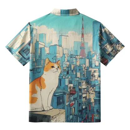 Tokyo-Tiger Cat On The City Building Button-up Shirt