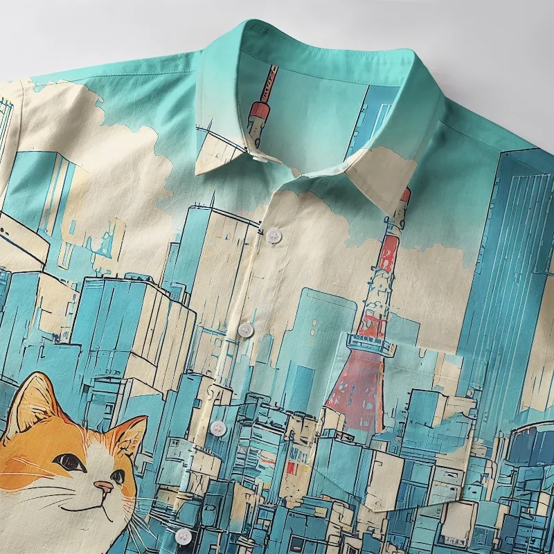 Tokyo-Tiger Cat On The City Building Button-up Shirt