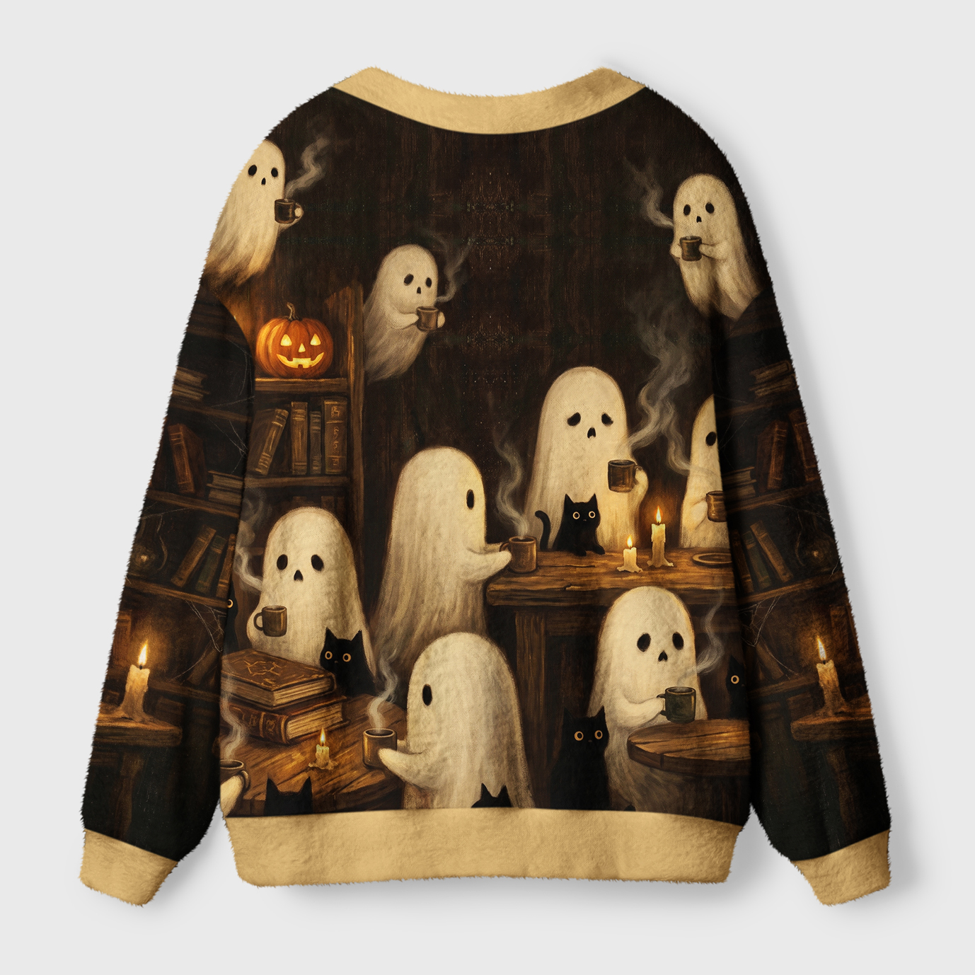 Tokyo-Tiger Ghost And Cat Coffee Break Ugly Cardigan Sweater