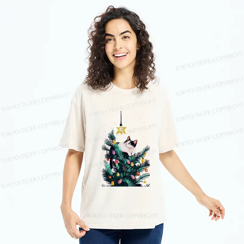 Tokyo-Tiger Cute Christmas Cat Washed T-Shirt