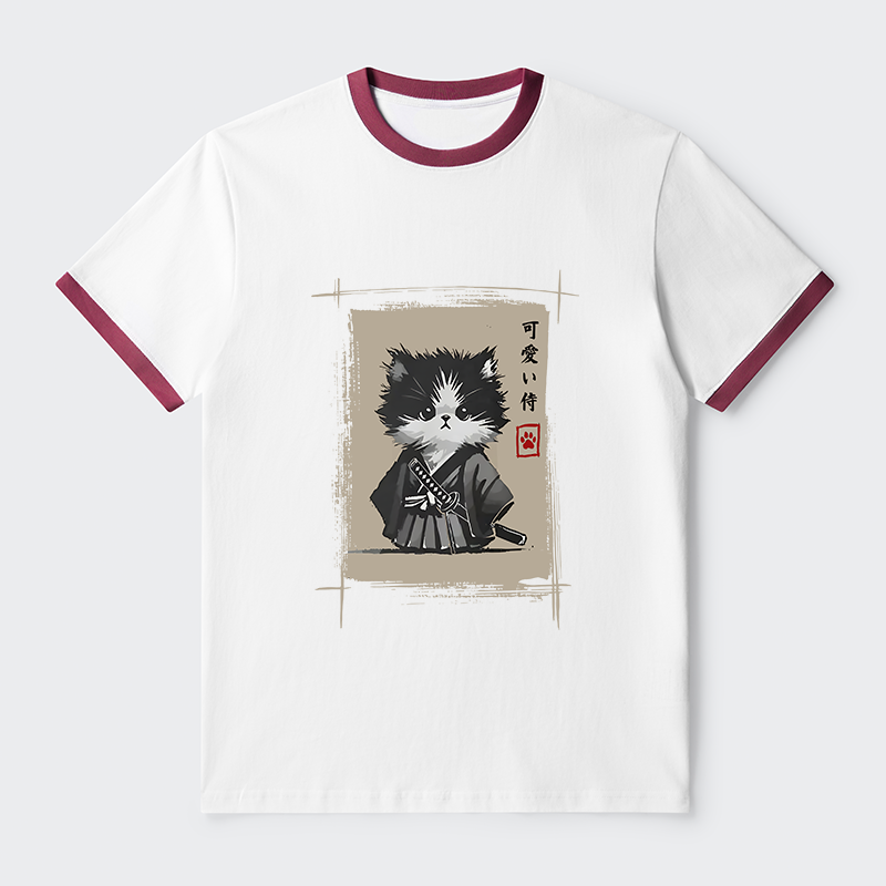 Tokyo-Tiger Kitten Samurai Contrast Trim T-Shirt