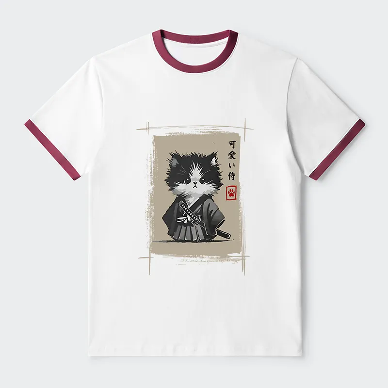 Tokyo-Tiger Kitten Samurai Contrast Trim T-Shirt