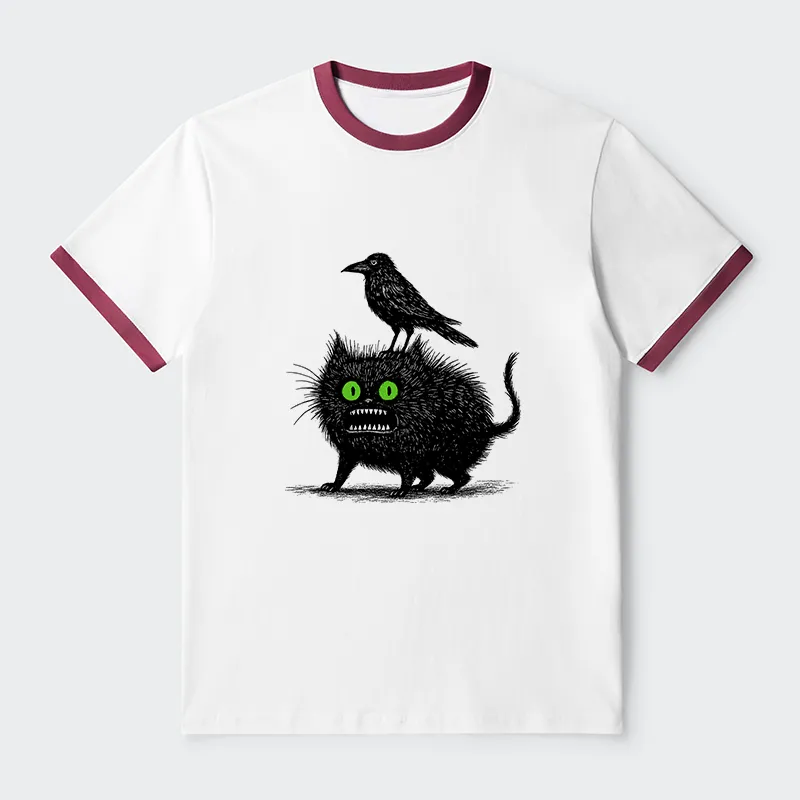 Tokyo-Tiger Crow And Black Cat Contrast Trim T-Shirt