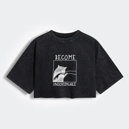 Tokyo-Tiger Cat Biting Arm Women's Washed Crop T-Shirt