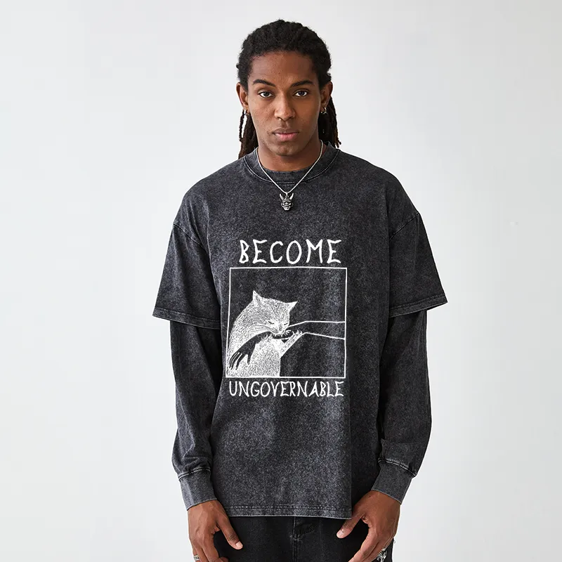 Tokyo-Tiger Tokyo-Tiger Cat Biting Arm Washed Double Layer T-Shirt