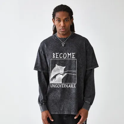 Tokyo-Tiger Tokyo-Tiger Cat Biting Arm Washed Double Layer T-Shirt