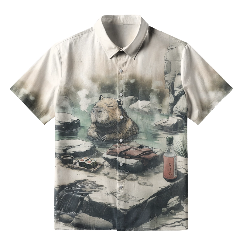 Tokyo-Tiger Capybara In Hot Springs Button-up Shirt