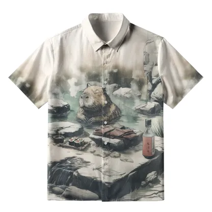Tokyo-Tiger Capybara In Hot Springs Button-up Shirt