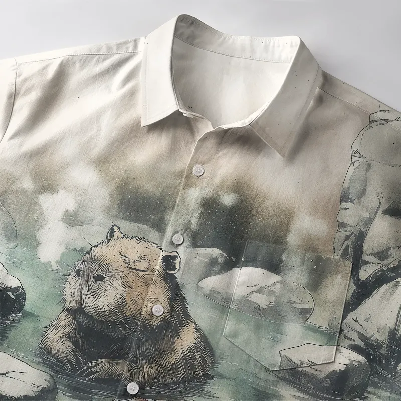 Tokyo-Tiger Capybara In Hot Springs Button-up Shirt