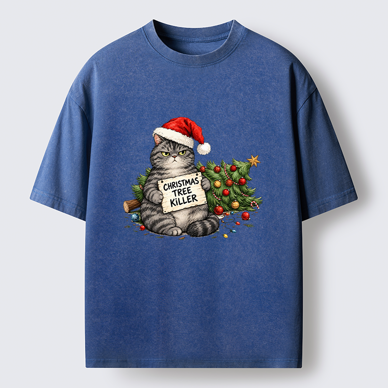 Tokyo-Tiger Playful Cat Messing With Christmas Tree Washed T-Shirt