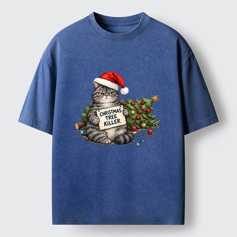 Tokyo-Tiger Playful Cat Messing With Christmas Tree Washed T-Shirt