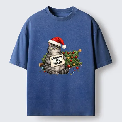 Tokyo-Tiger Playful Cat Messing With Christmas Tree Washed T-Shirt