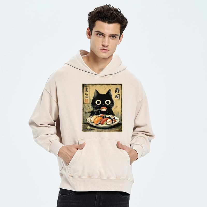 Tokyo-Tiger Vintage Japanese Sushi Cat Washed Hoodie