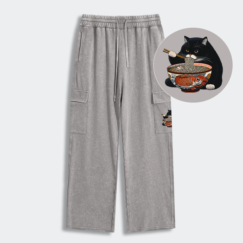 Tokyo-Tiger Fat Cat Eating Ramen Washed Utility Sweatpants