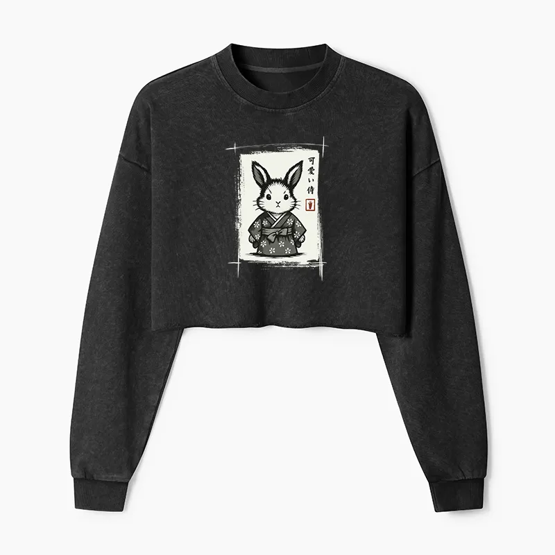 Tokyo-Tiger Woodcut Bunny Washed Crop Sweatshirt