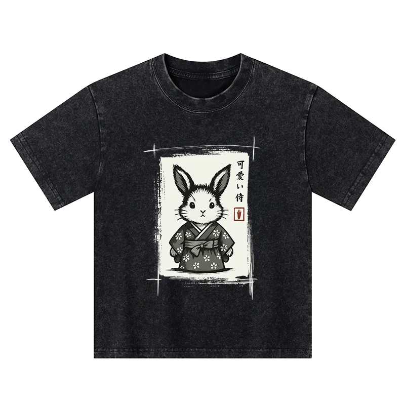 Tokyo-Tiger Woodcut Bunny Kids Washed T-Shirt