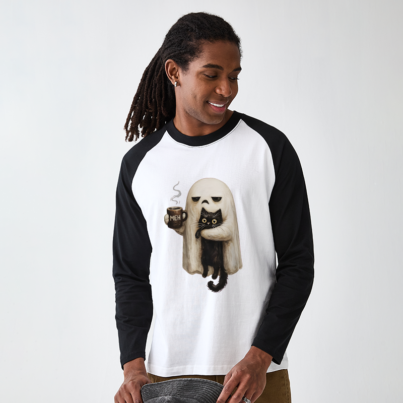 Tokyo-Tiger Ghost Cat Coffee Mood Raglan Long Sleeve T-shirt