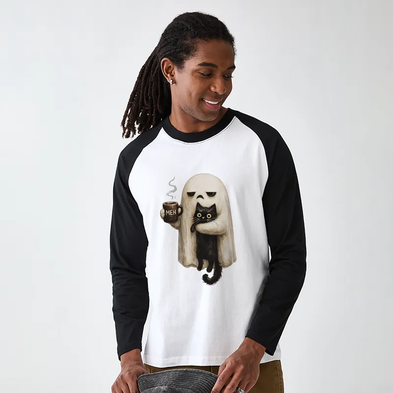 Tokyo-Tiger Ghost Cat Coffee Mood Raglan Long Sleeve T-shirt