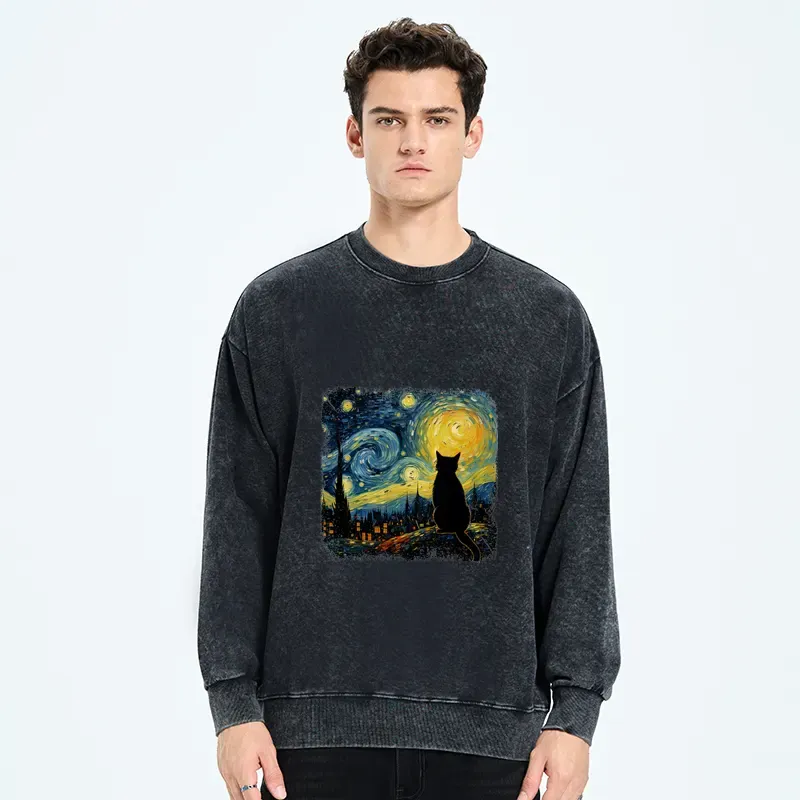 Tokyo-Tiger The Starry Night Cat Washed Sweatshirt