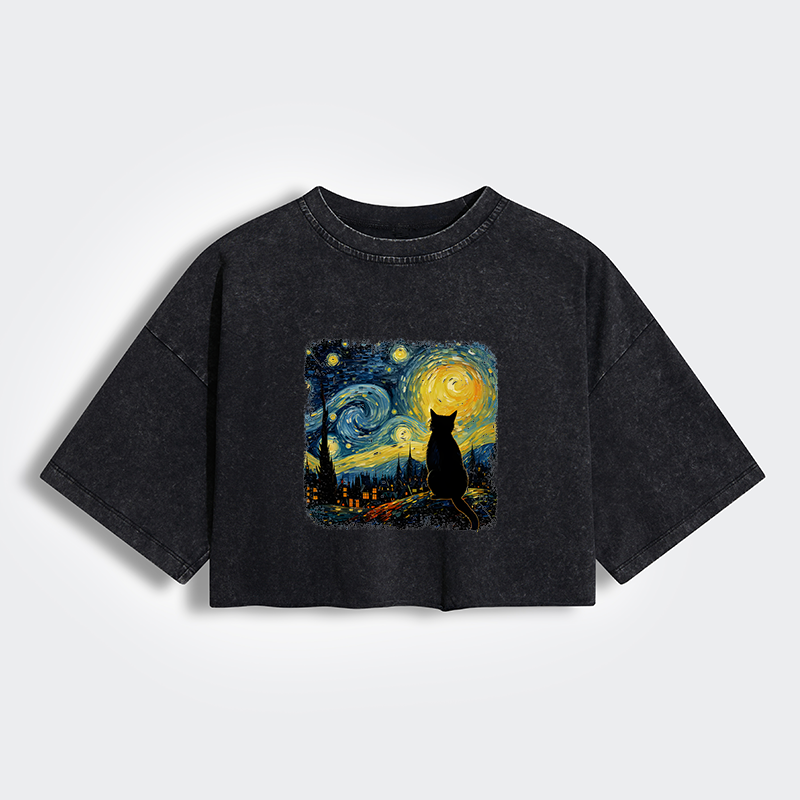 Tokyo-Tiger The Starry Night Cat Women's Washed Crop T-Shirt