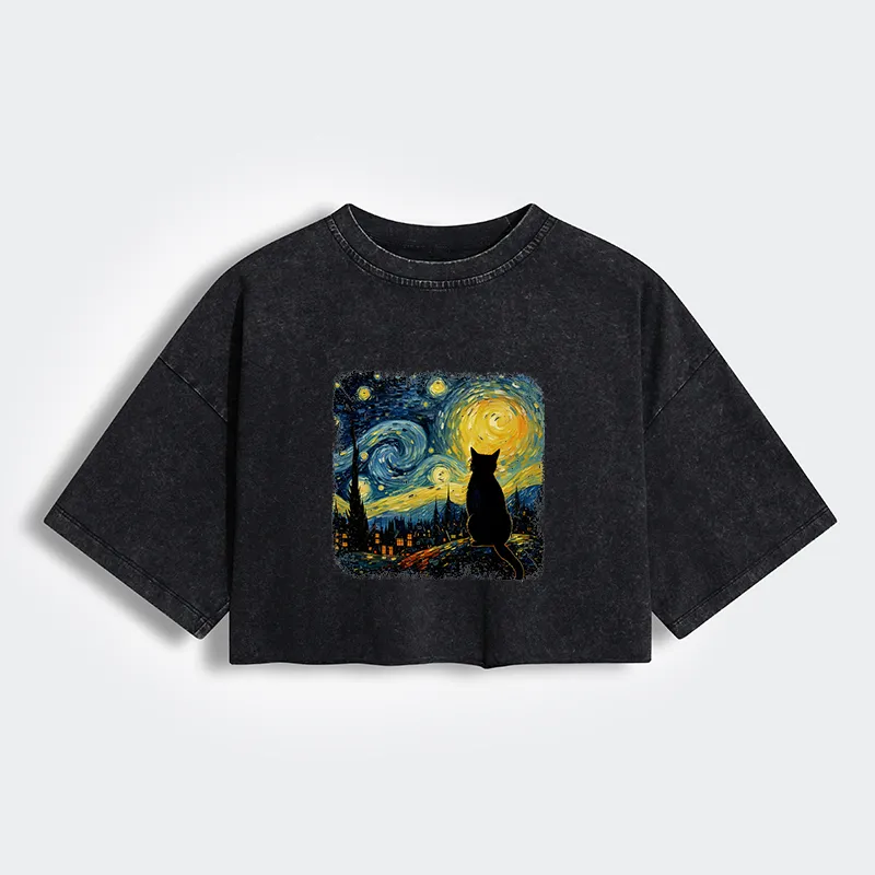 Tokyo-Tiger The Starry Night Cat Women's Washed Crop T-Shirt
