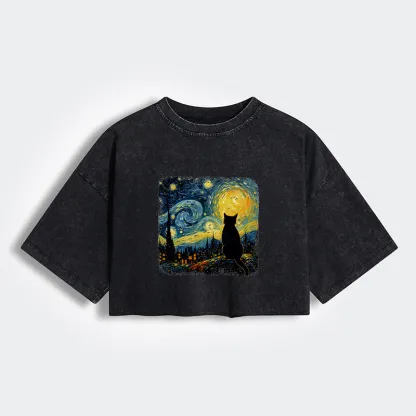 Tokyo-Tiger The Starry Night Cat Women's Washed Crop T-Shirt