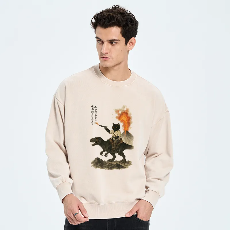 Tokyo-Tiger Cat Riding A Dinosaur Washed Sweatshirt