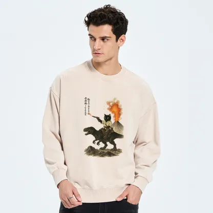 Tokyo-Tiger Cat Riding A Dinosaur Washed Sweatshirt