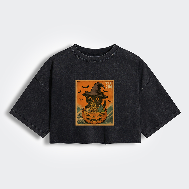 Tokyo-Tiger Halloween Cat Eating Ramen Women's Washed Crop T-Shirt