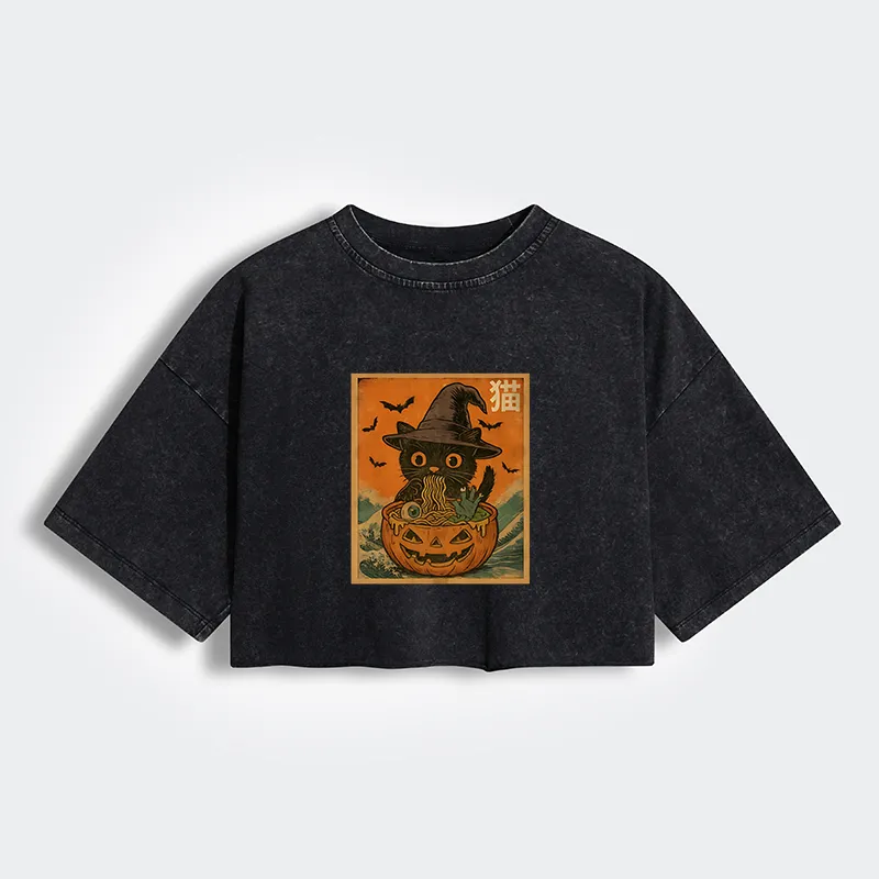 Tokyo-Tiger Halloween Cat Eating Ramen Women's Washed Crop T-Shirt