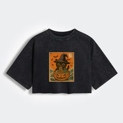 Tokyo-Tiger Halloween Cat Eating Ramen Women's Washed Crop T-Shirt