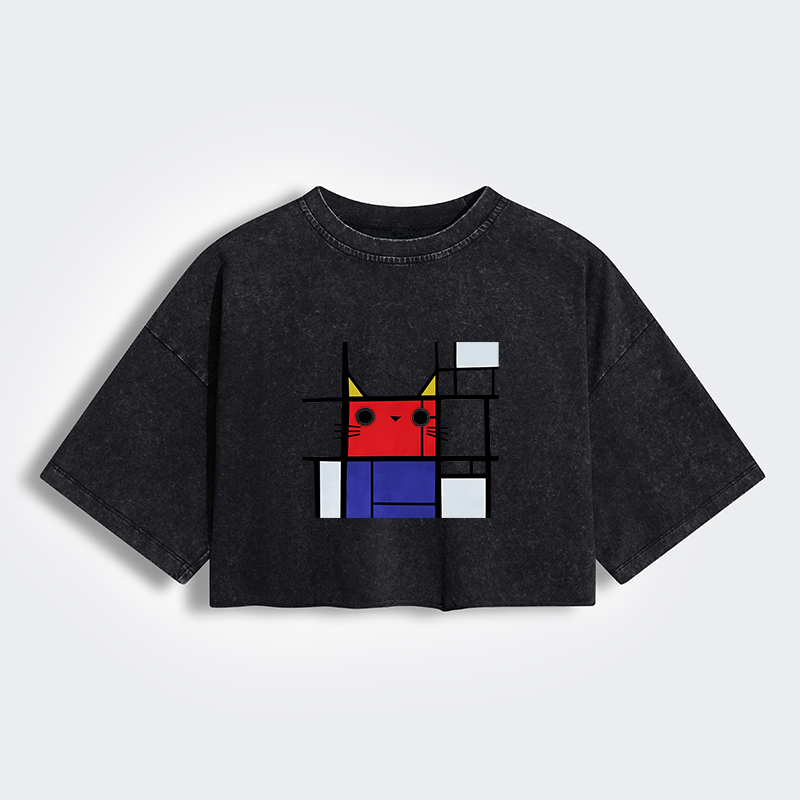 Tokyo-Tiger Abstract Art Cat Women's Washed Crop T-Shirt