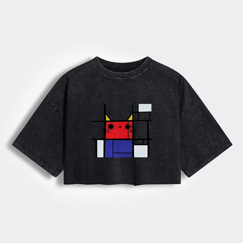 Tokyo-Tiger Abstract Art Cat Women's Washed Crop T-Shirt