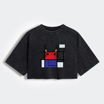 Tokyo-Tiger Abstract Art Cat Women's Washed Crop T-Shirt