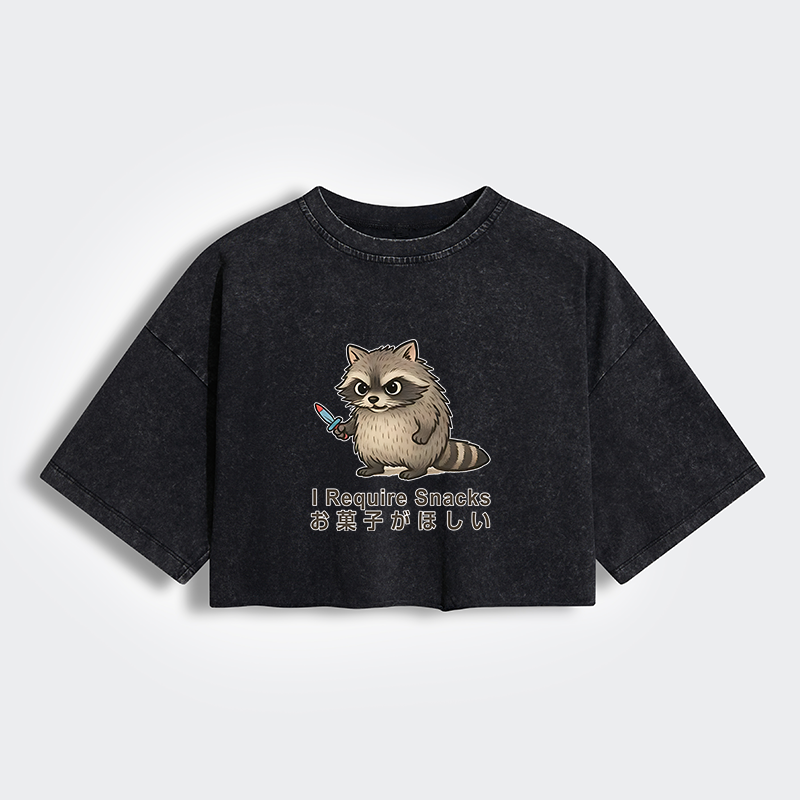 Tokyo-Tiger Raccoons Need Snacks Funny Women's Washed Crop T-Shirt