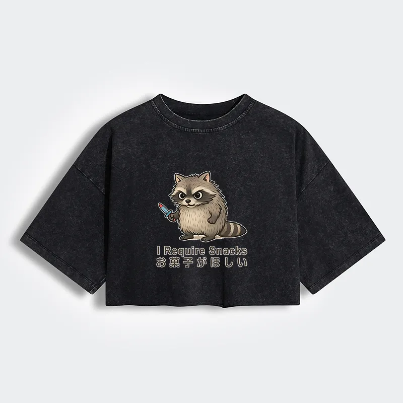 Tokyo-Tiger Raccoons Need Snacks Funny Women's Washed Crop T-Shirt