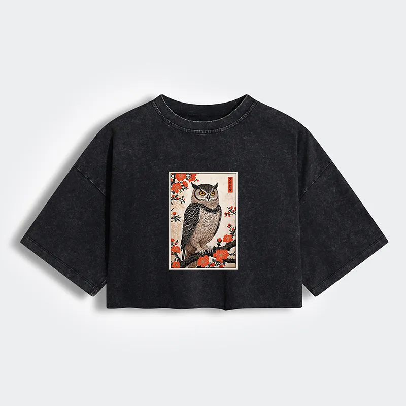 Tokyo-Tiger Vintage Japanese Owl Women's Washed Crop T-Shirt