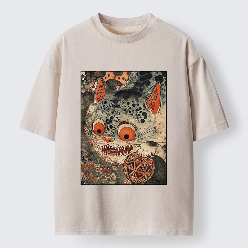 Tokyo‑Tiger Funny Yokai Cat Washed T‑Shirt