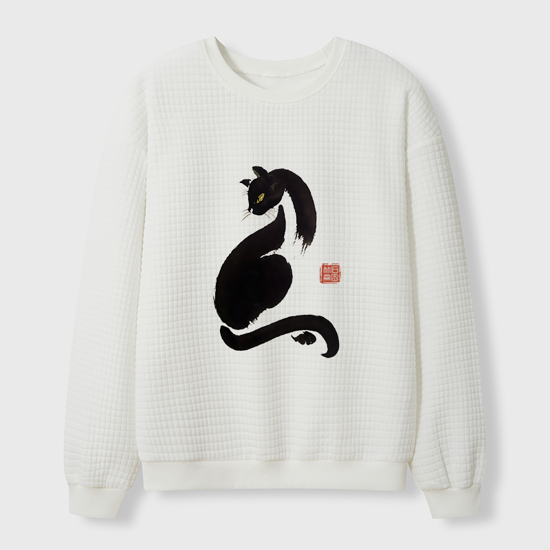 Tokyo-Tiger Elegant Black Cat Japan Waffle Sweatshirt