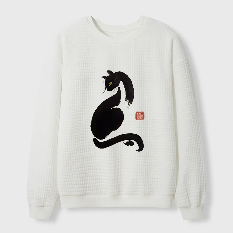 Tokyo-Tiger Elegant Black Cat Japan Waffle Sweatshirt